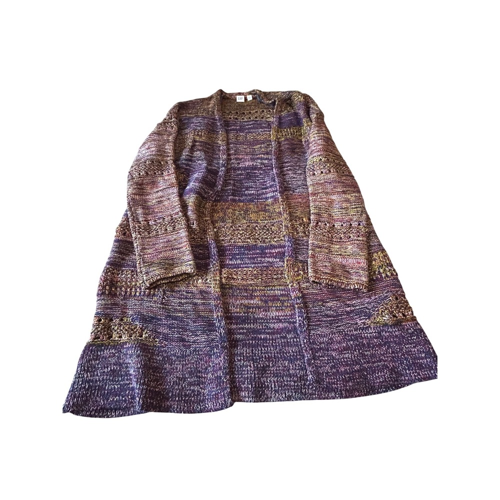 GAP Petite Striped Open Front Long Cardigan Sweater Purple Gold Size S - Picture 5 of 9